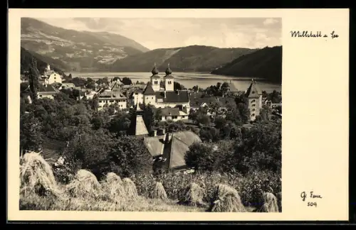 AK Millstatt a. See, Ortspanorama mit Garben u. Seeblick