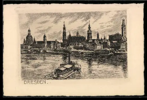 Künstler-AK Dresden, Panorama mit Hofkirche und Dampfschiff auf der Elbe