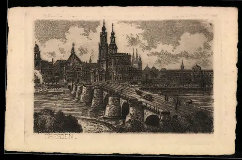 Künstler-AK Dresden, Hofkirche und Augustusbrücke