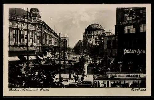 AK Berlin, Potsdamer Platz, Hotel Fürstenhof, Pschorr-Haus, Strassenbahn