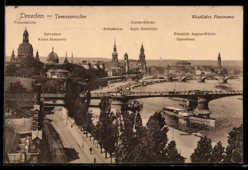 AK Dresden, Terrassenufer, Frauenkirche, Kunst-Akademie, Opernhaus