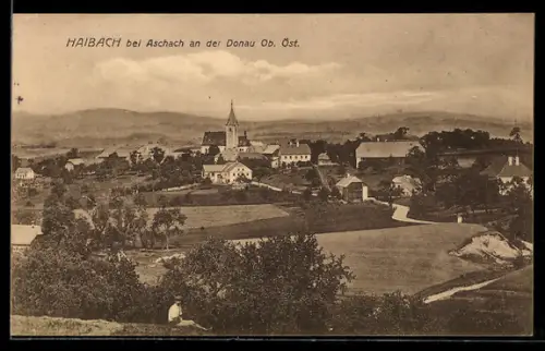 AK Haibach bei Aschach, Panorama mit Kirche