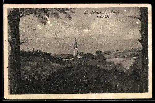 AK St. Johann i. Walde, Ortsansicht mit Kirche und Waldpanorama
