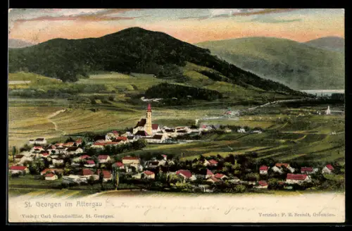 AK St. Georgen im Attergau, Ortsansicht mit Kirche und Hügelpanorama