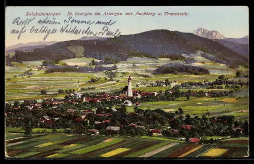 AK St. Georgen im Attergau, Ortsansicht mit Buchberg und Traunstein