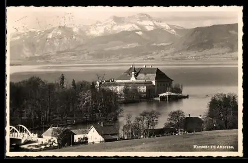 AK Kammer am Attersee, Seeblick mit Brücke