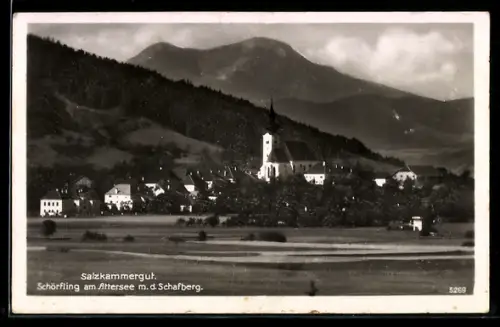 AK Schörfling am Attersee, Panorama mit Kirche und Schafberg