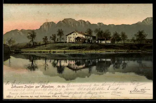 AK Mondsee, Schwarz-Indien, Uferpartie mit Bergen