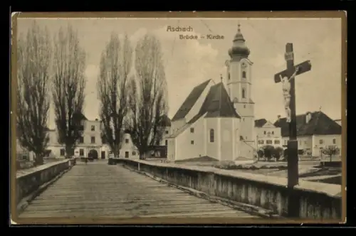 AK Aschach, Blick von der Brücke nach der Kirche