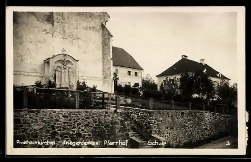 AK Prambachkirchen, Kriegerdenkmal, Pfarrhof und Schule