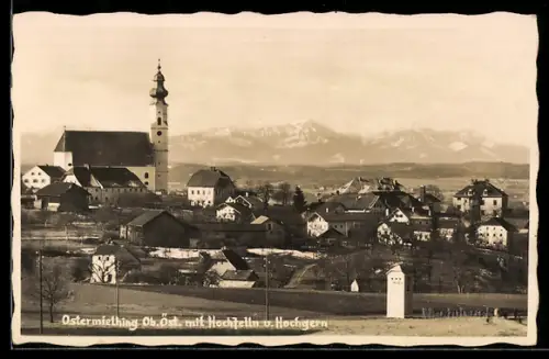 AK Ostermiething /Ob.-Öst., Teilansicht mit Kirche, Hochfelln und Hochgern