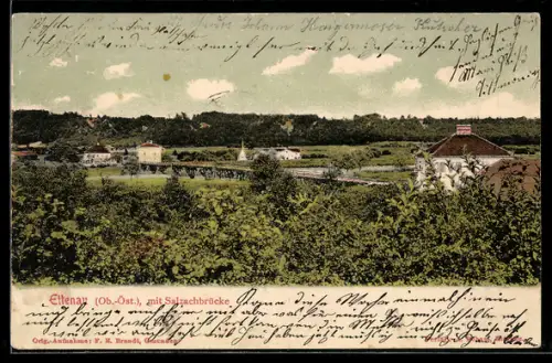 AK Ostermiething /Ob.-Öst., Ettenau, Panorama mit Salzachbrücke