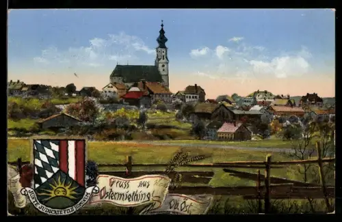 AK Ostermiething, Totalansicht, Wappen