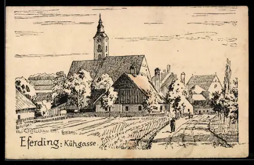 AK Eferding, Ortspartie mit Blick in die Kühgasse und zur Kirche