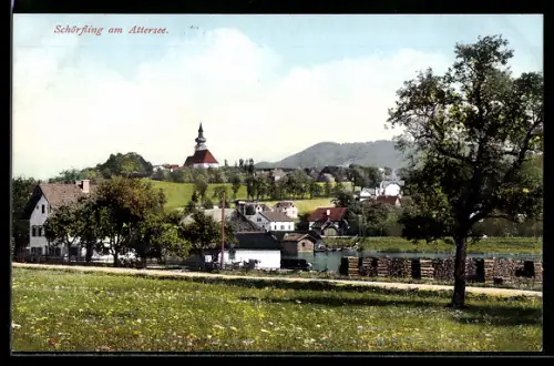 AK Schörfling am Attersee, Ortsansicht mit See und Kirche