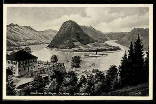 Künstler-AK Haibach ob der Donau, Gasthaus Schlögen und Donau-Schlinge