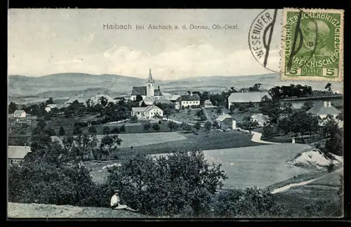 AK Haibach bei Aschach a. d. Donau, Panorama mit Kirche
