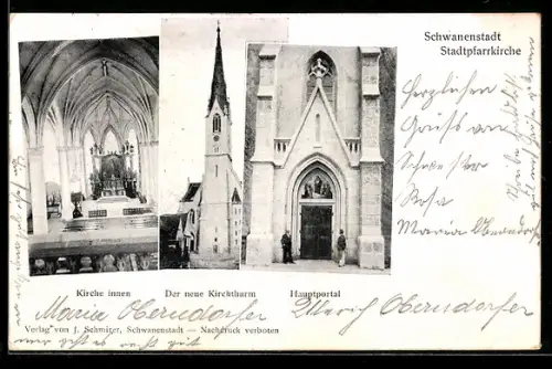 AK Schwanenstadt, Stadtpfarrkirche, Innenansicht, neuer Kirchturm, Hauptportal