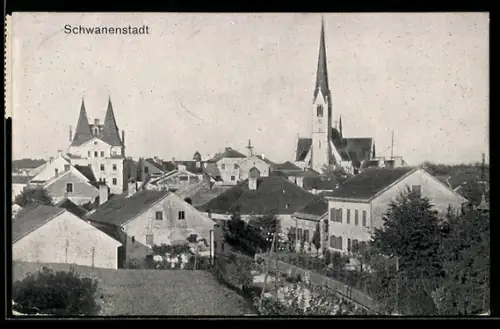 AK Schwanenstadt, Ortspanorama mit Kirche aus der Vogelschau