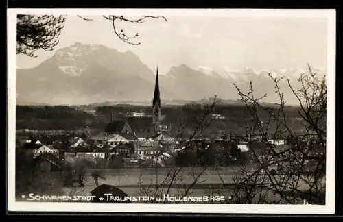 AK Schwanenstadt, Ortspanorama mit Traunstein und Höllengebirge