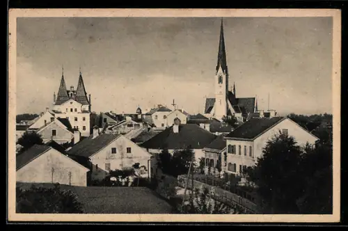 AK Schwanenstadt, Blick von der Salzburger Strasse, Ortspanorama mit Kirche