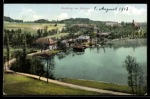AK Buchberg am Attersee, Panorama mit See, Uferbauten und Kirche
