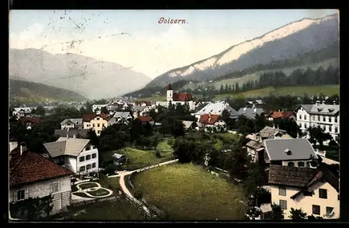 AK Goisern, Ortspanorama mit Kirche und Bergkulisse
