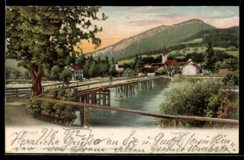 AK Goisern, Traunbrücke mit Kirche und Bergpanorama