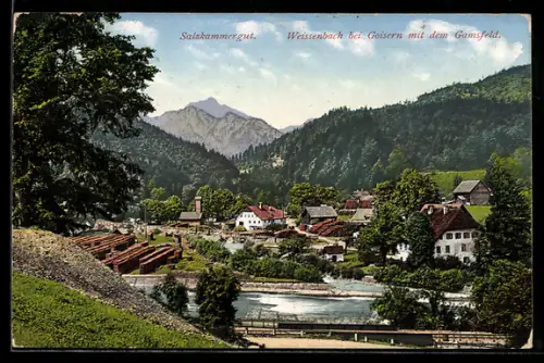 AK Weissenbach bei Goisern, Ortsansicht mit Gamsfeld, Flusspartie