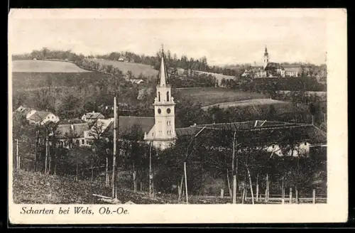 AK Scharten bei Wels, Ortsansicht mit Kirchen