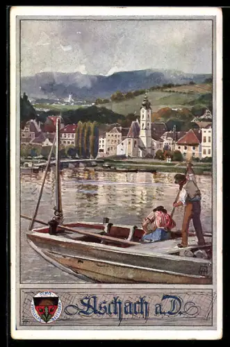 Künstler-AK Aschach a. D., Donauufer mit Boot und Kirche