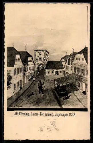 Künstler-AK Eferding, Alt-Eferding, Linzer-Tor, innen, abgetragen 1828