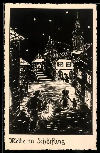 Künstler-AK Schörfling, Mette, Strasse mit Kirche und Kirchgängern bei Nacht