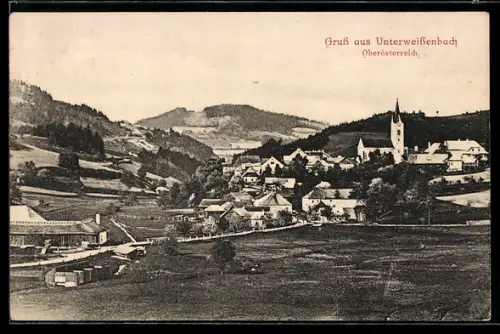 AK Unterweissenbach /Ob. Öst., Ortsansicht mit Bergpanorama