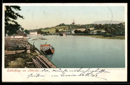 AK Schörfling am Attersee, Ortsansicht mit See, Lastkahn, Flössen