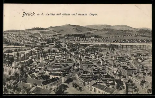 AK Bruck a. d. Leitha, Gesamtansicht mit altem und neuen Lager
