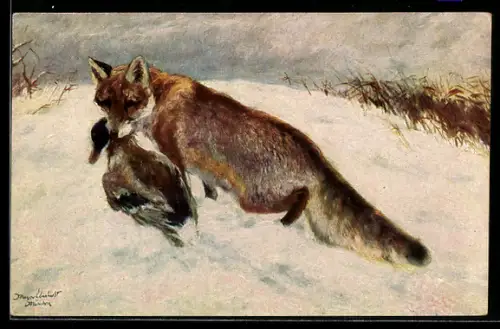 Künstler-AK Reinecke der Fuchs mit erlegtem Erpel im Maul