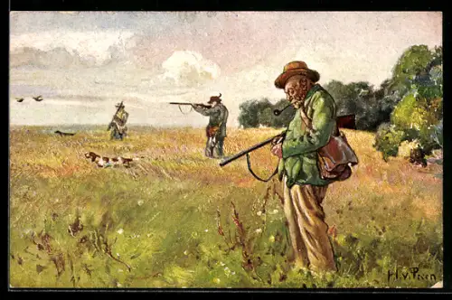 Künstler-AK Jäger mit Pfeife und Gewehren während der Vogejagd