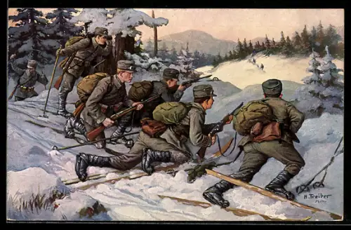 Künstler-AK Hans Treiber: Deutsche Schneeschuhtruppe mit Gewehren