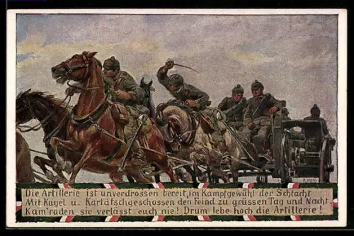 Künstler-AK P. Hey: Karte Nr. 18, Unsere Feldgrauen, Artillerie ist unverdrossen, Verein für das Deutschtum im Ausland