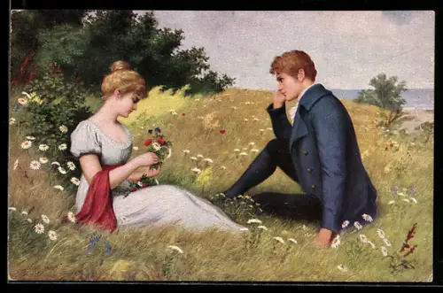 AK Liebesgeständnis, junge Menschen auf einer Blumenwiese