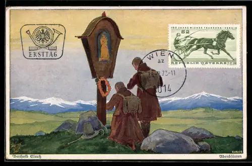 Künstler-AK Berthold Clauss: Abendläuten Wanderer beten am Wegekreuz