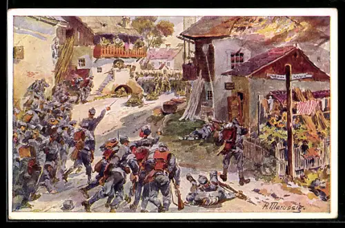 Künstler-AK Anton Marussig: Rotes Kreuz Nr. 209, Sturmangriff auf ein von überlegenen Russen besetztes Dorf