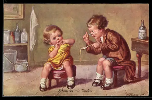 Künstler-AK Wally Fialkowska: Schmeckt wie Zucker, Kinder mit Ricinusöl
