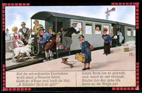 Künstler-AK Hans Boettcher: Mann bindet Ziege hinten an Eisenbahn an
