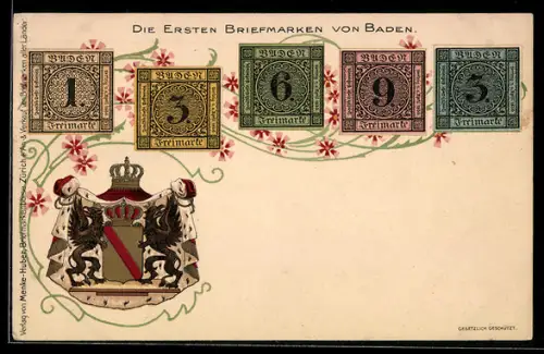 Künstler-AK Die ersten Briefmarken von Baden, Landeswappen