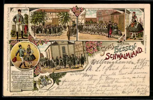Lithographie Schwalm, hessische Trachten, Schwälmer Hochzeitszug, Hess. Landeswappen