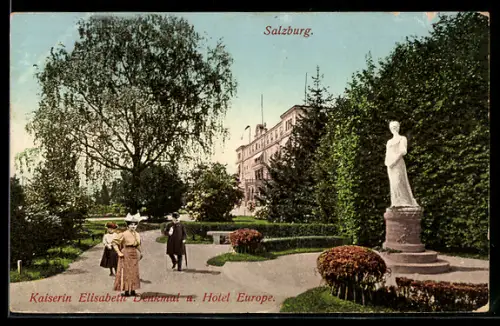 AK Salzburg, Kaiserin Elisabeth-Denkmal und Hotel Europe