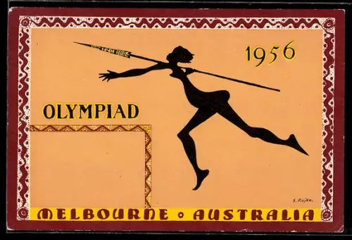 Künstler-AK Melbourne, Olympiad 1956, Schattenbild, Speerwerferin
