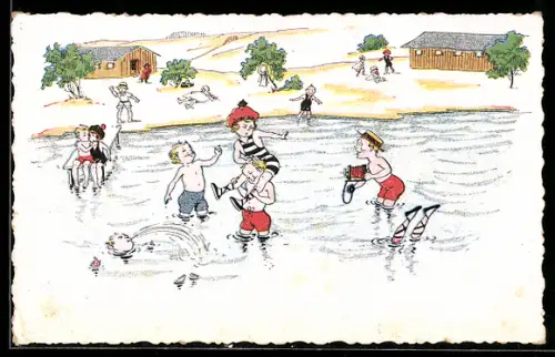 Künstler-AK Spielende Kinder in Badekleidung posieren im Wasser für den Fotografen
